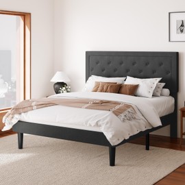 SHA CERLIN Full-Size Upholstered Bed Frame with Adjustable Button-Tufted Headboard, Sturdy Wood Slat Support, Noise-Free, Dark Grey
