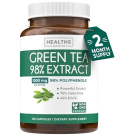 Healths Harmony Green Tea Extract Capsules 98% with EGCG - 120 Count (Non-GMO) for Natural Metabolism Boost - Leaf Polyphenol Catechins - Antioxidant Supplement - Green Tea Pills - 1000mg (500mg per Capsule)