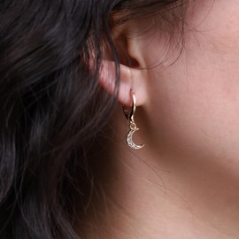 Yienate Boho Huggie Hoop Earrings Tiny Circle Hoop Earrings CZ Rhinestone Moon / Star / Flash / Evil Eye / Cone / Snake Dangle Drop Earrings Punk Statement Earrings for Women Girls (Gold Moon Star),