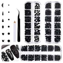 Black Nail Rhinestones Gems - Multi Size Flatback Round Beads,Black Crystal Diamonds for Nail Art, Eyes Makeup, DIY Crafts, Jewelry Decoration