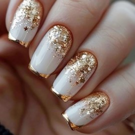 BABALAL Press on Nails Short Square Fake Nails Gold French Tip Glue on White Nails Glitter Bling Acrylic Nails 24Pcs Squoval Manicure Full Cover Artificial Nails for Women Girls