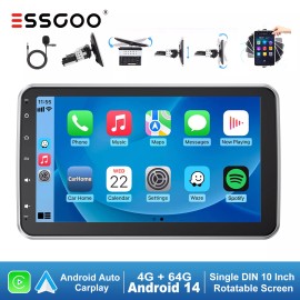 ESSGOO 1 DIN 10" Android 14 Carplay Car Stereo Bluetooth GPS NAV 4+64G Rotatable Screen