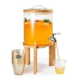 Glass Beverage Dispenser with Bamboo Stand and Lid, Iced 1.5 Gallon Drink Server with 304 Spigot,Large Thick Glass Drink Dispenser for Parties,Hotels,Restaurants, with 9 oz 50 clear Gold Plastic Cups