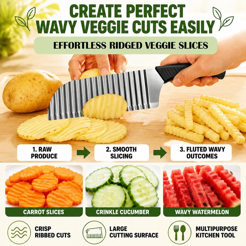 FATUXZ Stainless Steel Crinkle Cutter, Wavy Potato Slicer Wave Chopper