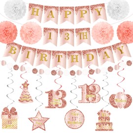 Rose Gold 13th Birthday Decorations for Girls, Rose Gold Happy 13th Birthday Banner Hanging Swirls Streamers with Tissue Pompoms, Circle Dots Garland for Girls Sweet 13 Years Old Party Decor Supplies
