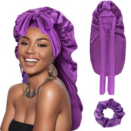 DRESHOW Long Satin Braid Bonnet for Women Silk Bonnet for Sleeping Sleep Cap with Elastic Tie Band Night Cap for Long Curly Hair Locs