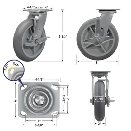NINOSO Heavy Duty Caster Wheels, 8" x 2" Casters Set of 4 with Load 2800lbs Capacity, Plate Swivel Industrial Casters with Brake,Rubber Caster Wheels for Cart Hotel(4 Brake)