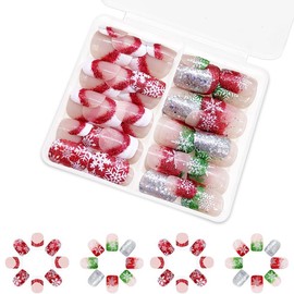 2 Packs 48Pcs Christmas Press on Nails Short Square Fake Nails Red Green Glitter Snowflake Nails French Ombre False Nails Glue on Nails Winter Xmas Stick on Nails for Women Girls Manicure