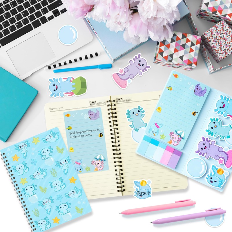 Xqumoi Axolotl Sticky Note A5 Notebooks Pens Stationary Set -