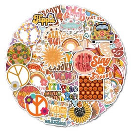 50 Pcs Hippie Stickers, 70s RetroVinyl Groovy Preppy Boho Daisy Waterproof Stickers Hippy Party Decorations Peace Sign Stickers for Laptop, Car, Water Bottles, Computer, Phone, Stickers for Kids Teens
