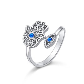 SHAOAN Hamsa Hand of Fatima Lotus Evil Eye Adjustable Open Rings 925 Sterling Silver Statement Ring Jewelry Gifts for Women Size 8