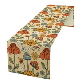 ShiTingYu 70's Boho Mushroom Table Runner, Retro Kitchen Groovy Hippie Funky Table Runner Rustic Cute Vintage Colorful Orange Table Runner for Bedroom Living Room Party Holiday Dinner, 13x70 Inch