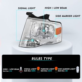 TUSDAR Headlights Assembly Set for 2007 2008 2009 2010 2012 2013 2014 Ford Expedition Passenger & Driver Side (Chrome Housing with Amber Reflector)