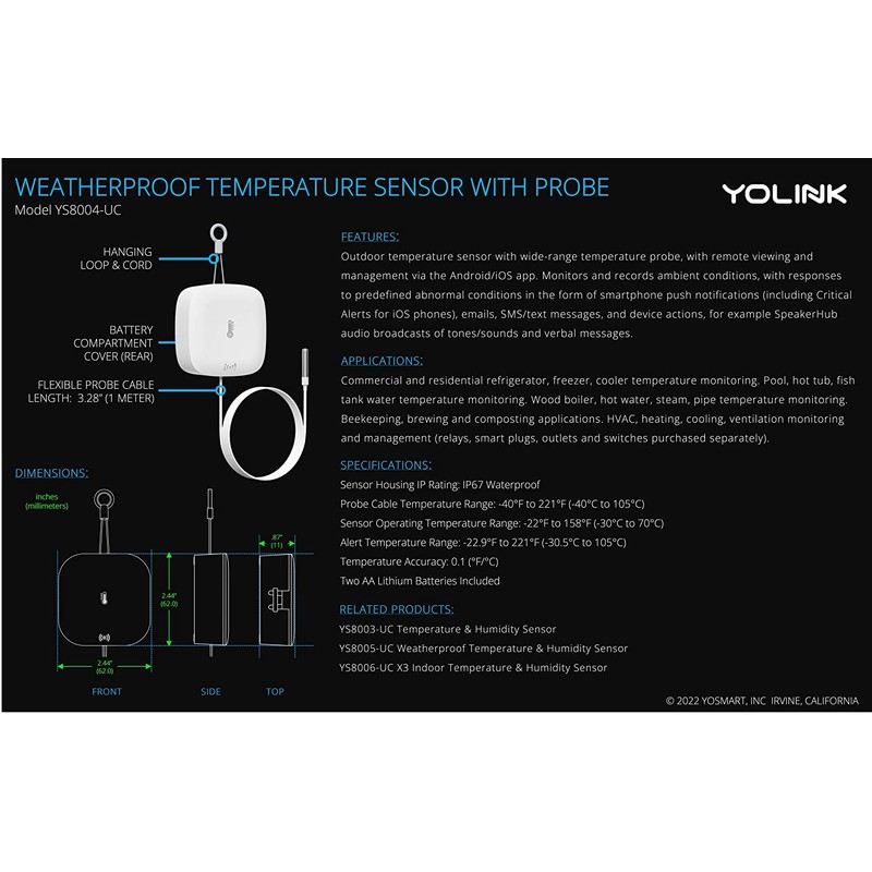 YoLink Weatherproof Fluid, Air, Surface Extreme High/Low Temperature Sensor with