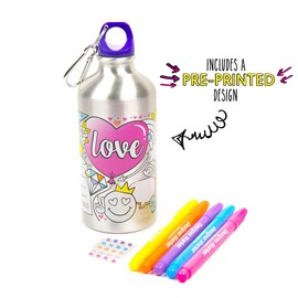 Just My Style Color Your Own Water Bottle, Includes Markers & Gemstones, Personalized Craft Kit for Kids, DIY Decorating, Gift for Girls