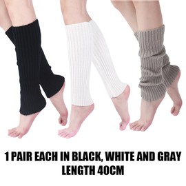 JSTHHTT 3 Pairs of Women's Knitted Leg Warmers, Winter Leg Warmers, Legwarmers, Knee Socks, Stockings, One Size, for Home Sports, Ballet (40 cm), Black, White and Grey