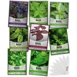 Gardeners Basics, Basil Seeds for Planting Home Garden - 8 Variety Herb Pack Genovese, Large Leaf, Lemon, Thai, Red Rubin, Cinnamon, Sweet and Purple Opal Basil Herb Seeds for Indoors & Outdoors