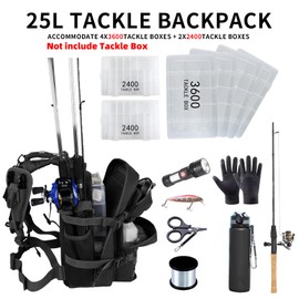 ROGJUK Small Tactical Fishing Tackle Backpack with Removable Plier Holder & Rod Holders Storage Fishing Gear and Equipment Tackle Bag 25l Lightweight Hiking Backpack Black without Tackle Boxes