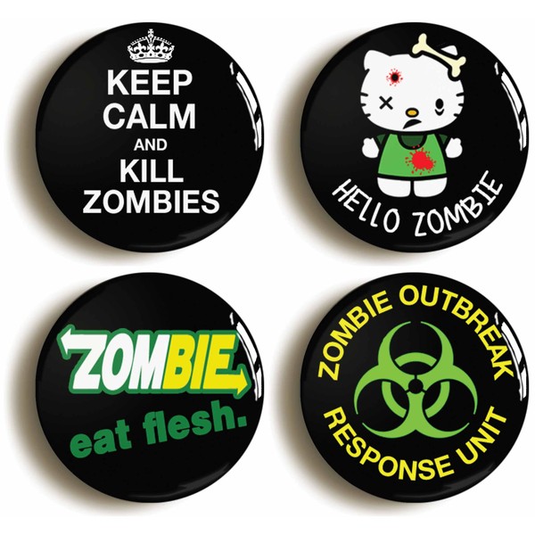 4 x"ZOMBIE" FUNNY JOKE HORROR BADGES PINS BUTTONS (1inch/25mm diameter)