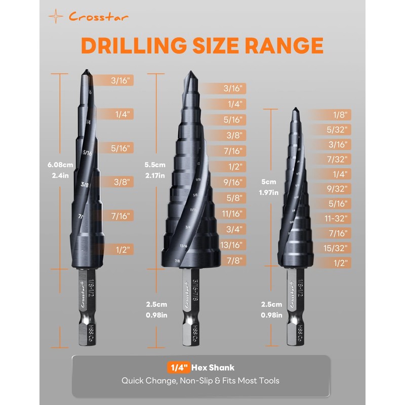 Crosstar M35 Cobalt Step Drill Bit Set, 3PCS TiAlN Coated