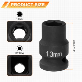 sourcing map 6 Point Impact Socket 13mm Metric Socket 1/2" Square Drive 1.5" (38mm) Long Phosphated Cr-Mo Steel Spindle Axle Hex Nut Sockets, Black