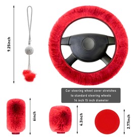 Yourkar 6 PCS Fluffy Steering Wheel Covers Set, 15 Inch Soft Steering Wheel Cover, Handbrake Cover & Gear Shift Cover & Cup Holder Coaster & Car Mirror Accessory, Car Accessories (Red)