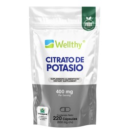 Wellthy Citrato de Potasio 220 Cápsulas 400mg. 110 Porciones por Envase, Hecho en Planta Certificada, VCaps Cápsulas Vegans, Bottle Free.