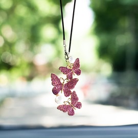 UHANBUT Bling Butterfly Diamond Car Hanging Accessories, Lucky Rhinestone Crystal Car Rear View Mirror Charm Decoration for Women, Cute Interior Ornament Pendant Accessories for Cars (Purple)
