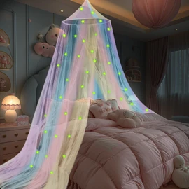 Daksha Rainbow Princess Bed Canopy for Girls with Glowing Stars, Room Decor, Ceiling Tent to Cover Toddler Crib, Fits Twin, Full and Queen Size Beds