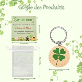 24 Set Glück Schlüsselanhänger Holz,Vierblättrige Kleeblatt Holz Glück Schlüsselring,Viel Glück Geschenke Set Inkl Glücksbringer Schlüsselkarabiner,Viel Glück Karten,Netzbeutel mit Zugband Glück