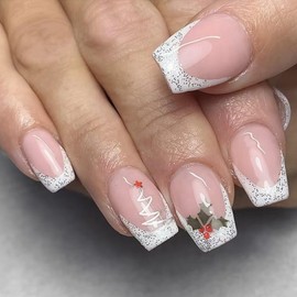Christmas White French Tip Press on Nails Short Square Fake Nails with Xmas Tree Design Glitter Pink Glossy Acrylic Nails Full Cover False Nails Stick on Nails for Women DIY Christmas Nails 24 Pcs