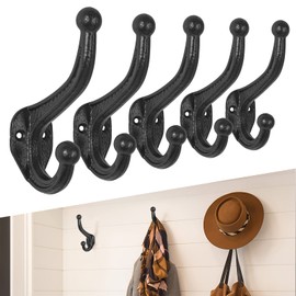 rumdraw 5-Pack Cast Hooks. Wall Hooks Heavy Duty, Rustic Wall Hooks Iron Black Decorative Coat Hooks for Wall Hooks, Room Hooks, Coat Hooks