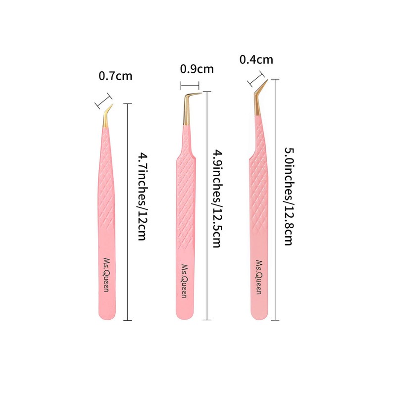 Ms.Queen Tweezers for Lash Extensions,Diamond Grip 3Pcs Fiber Tip 45