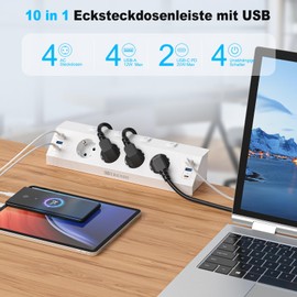 Table Socket 4 Compartments with 2 USB C, Corner Socket Strip with 6 USB, Desk Socket, Kitchen Socket, Wall Mounting, Multiple Socket with Switch - 2 m White 002