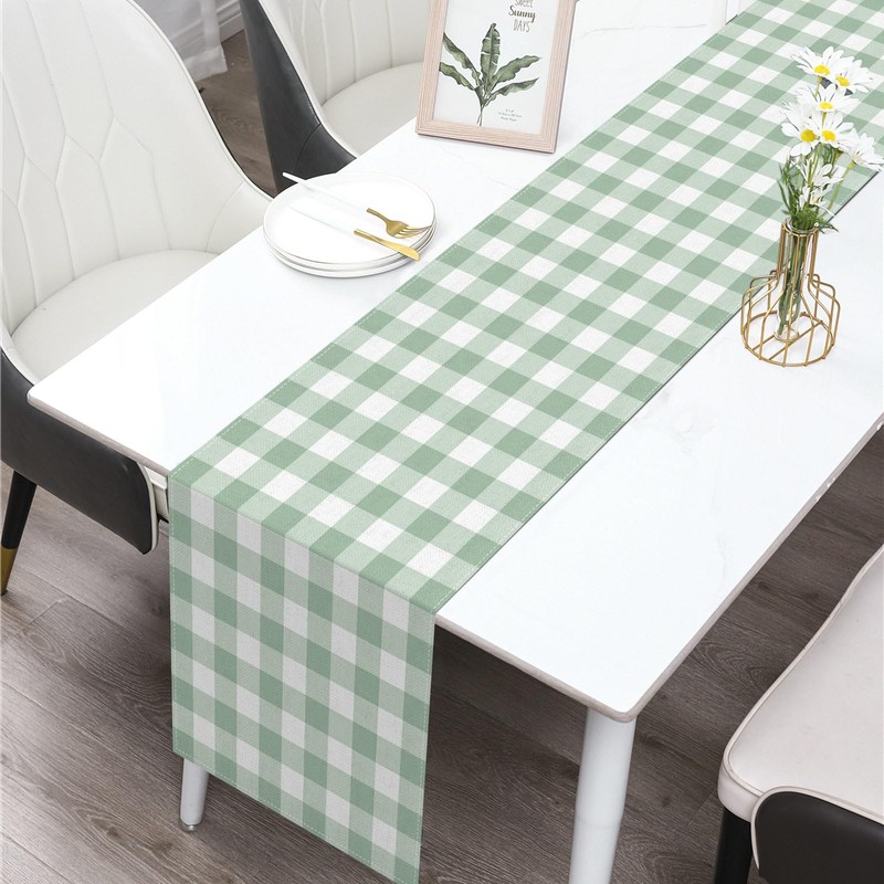 Sage Green Gingham Party Table Runner Green and White Checkered