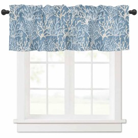 Anzona Curtain Valance 42" x 12", Blue Coral Coastal Window Valances Rod Pocket Curtains Drapes, Ocean Nautical Seaside Beach Short Topper Curtain for Kitchen Cafe Living Room, 1 Panel