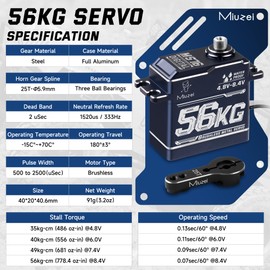 Miuzei Brushless Servo High Torque RC Servo Motor Digital Stainless Steel Gear Programmable 8.4V Waterproof Compatible with 1/7, 1/8, 1/10 RC Car (56kg-180°)