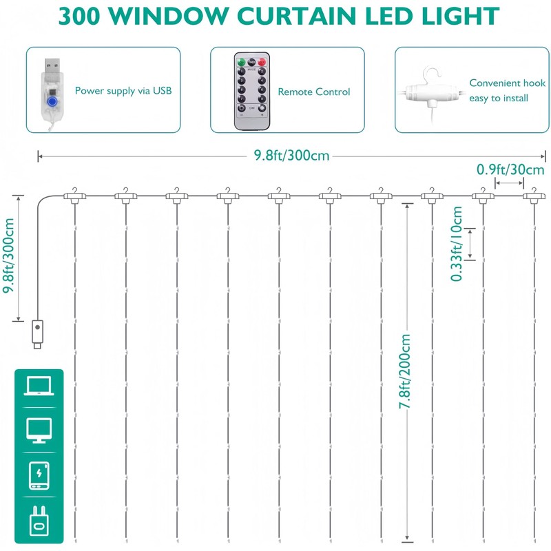 Clearhill 3 * 3Curtain String Lights, 300LED，Purple，8 Modes Fairy Hanging