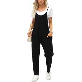 Fisoew Women's Summer Sleeveless Loose Casual V Neck Jumpsuits Spaghetti Strap Long Pants Baggy Overalls with Pockets