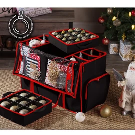 ZOBER All in One Christmas Ornament Storage Box & Decoration Container - Easy Access Removable Trays, Keeps 73 Ornaments - Adjustable Extent Area for Figurines and Pockets for Decoration - Black
