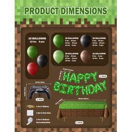 WENTIYA 148Pcs Pixel Miner Video Game Themed Party Decorations, Includes Green Brown Balloon Controller balloon Garland Arch Kit, Banner, Table Cover for Kids' Birthday Anniversary Party