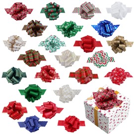 24pcs Christmas Bows with Ribbon 5” Pull Bows Wrapping Ribbon Christmas Tree Bows Wrap Accessory for Christmas Presents Bouquet Basket Party Gift Decoration