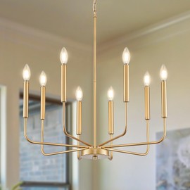 ONESMING Modern Gold Chandelier for Dining Room,Metal 8-Light Kitchen Light Fixtures, Farmhouse Candle Hanging Pendant Light for Living Room Entryway Foyer Bedroom (Bulbs Not Included)