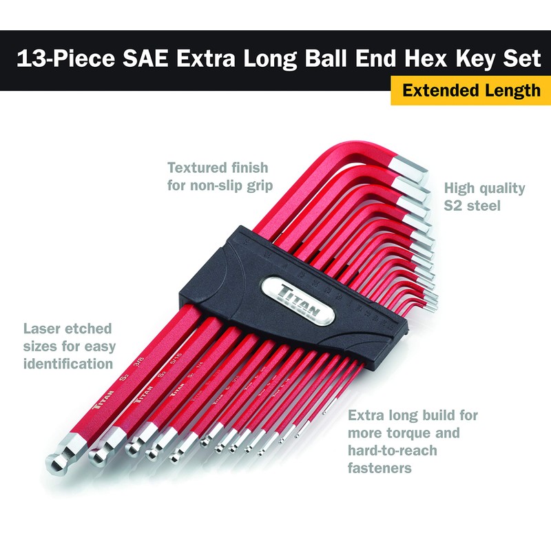 Titan 12713 Extra-Long Arm Ball Tip SAE Hex Key Set,