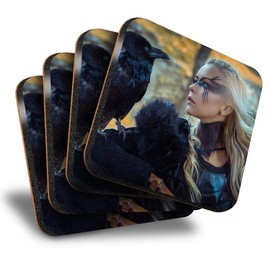 Destination Vinyl ltd Great Coasters (Set of 4) Square - Black Crow Viking Blonde Woman Drink Glossy Coasters/Tabletop Protection for Any Table Type #44312