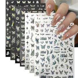 8 Sheet Aurora Butterfly Nail Art Sticker 3D Self-Adhesive Holographic Nail Stickers Laser Shiny Butterfly Design Nail Decals Black Gold Star Nail Art Supplies for Women Acrylic Manicure Decorations