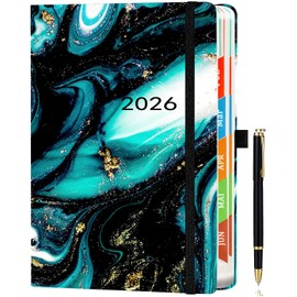 Calendar 2026 A5 (21.5 x 15 cm) Daily Planner - in German, 1 Day 1 Page Diary, Jan - Dec 2026, Colourful Tabs, Inspirational Quotes, Inner Pocket & Pen - Black