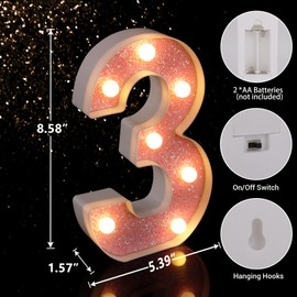 TRONSBOO LED Letter Lights Pink Glitter Marquee Letters Light Up Alphabet Letters Sign Battery Powered for Home Party Decoration Night Bar Wedding Birthday Christmas Lamp Girls Gift - Number 3