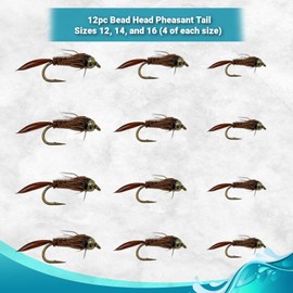 Feeder Creek Pheasant Tail Bead Head Nymph Flies, One Dozen Fly Fishing Wet Flies, 3 Size Assortment 12,14,16 (4 of Each Size), Great for Trout, Bass, Panfish & More