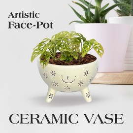 SLS SUPPLY FLORA Facepot Ceramic Planter with a Smiling Face, Succulent and Flower Pot for Home and Office, Cute Plant Vase for Indoor Gardening, 5.63 (W) x 3.75 (H) inches